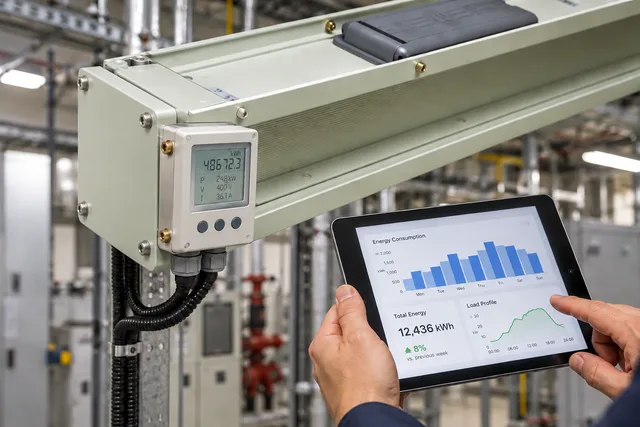 Smart meter on a plug-in box and an energy dashboard on a tablet (illustrative render)