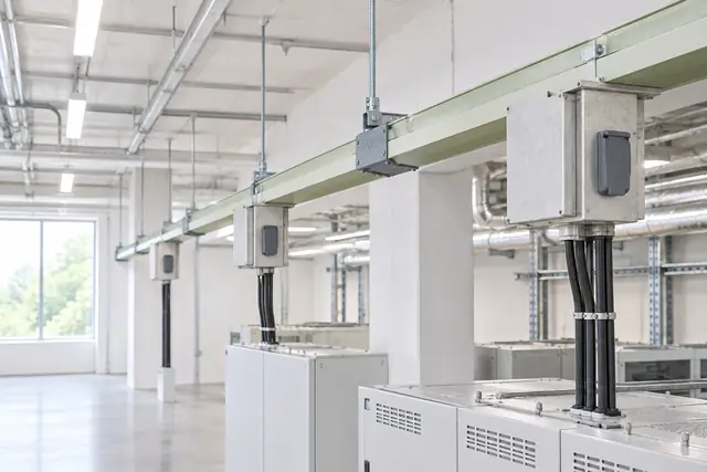 LVA busway with plug-in boxes in a plant room (illustrative render)