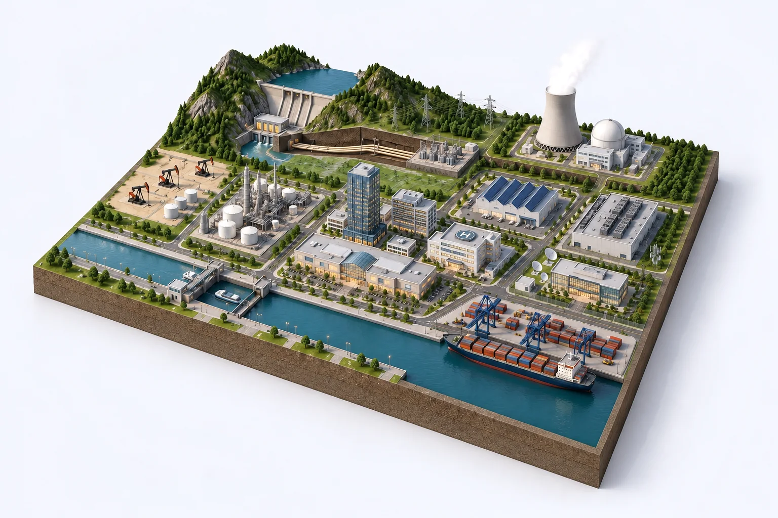 Scale model of a region with buildings, hospital, mall, industry, data center, lab, telecom center with satellite dishes, port, canal, oil field, hydroelectric and nuclear plants, showing which busway is used in each